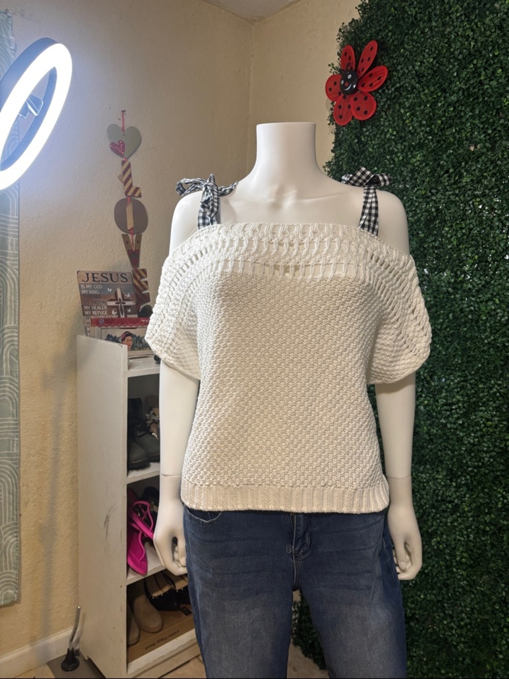 Maeve Ivory Off-Shoulder Knit Sweater with Gingham Tie Straps 232 - Picture 2 of 12